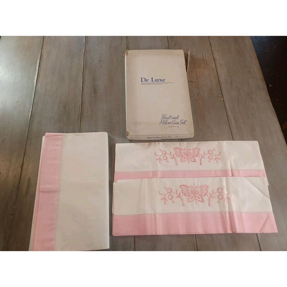 Vintage 40's 50's DeLuxe Sheet And Pillow Set Rose/ Pink Butterflies Embroidered